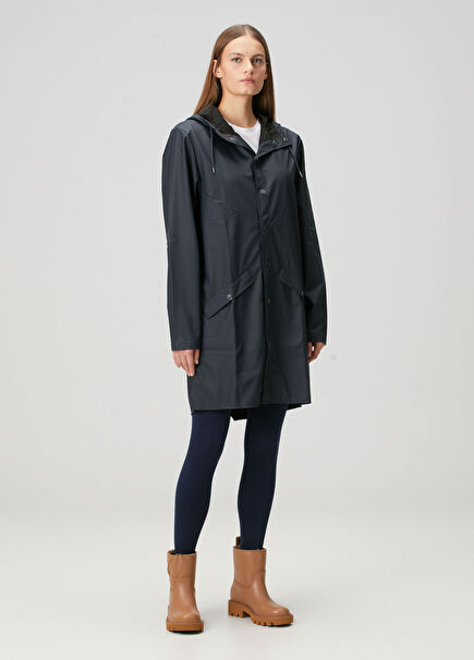 Navy Blue Hooded Long Raincoat