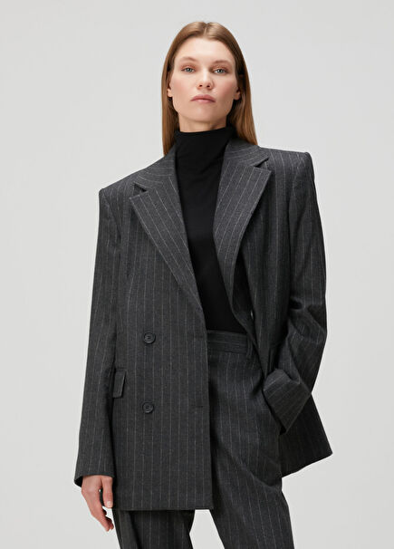 Dark Grey Striped Double-Breasted Blazer
