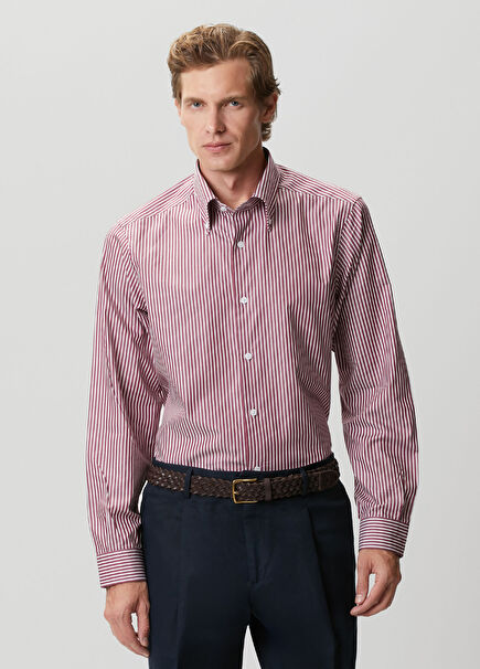 Custom Fit Burgundy Buttoned Collar Pattern Shirt