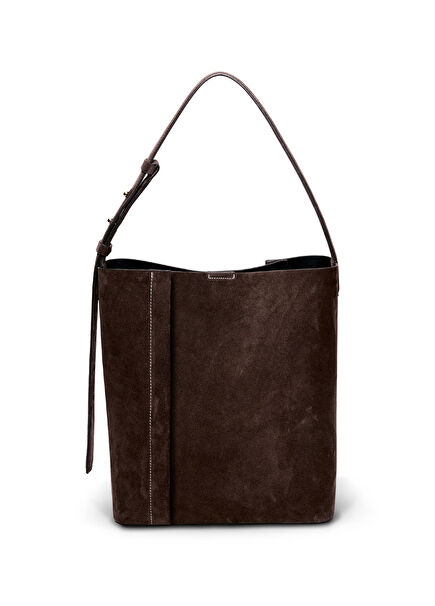 The Large Tote Plissé Women's Shoulder Bag in Brown Suede