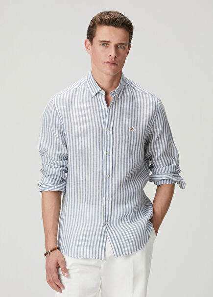 Comfort Fit Navy Blue White Striped Linen Shirt