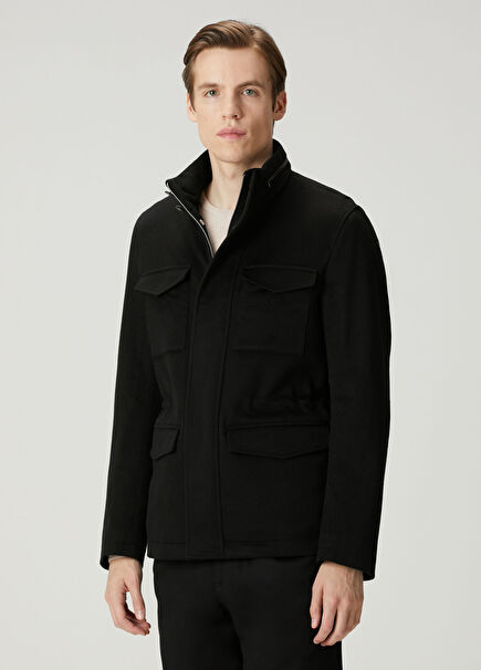 Siyah Kapüşonlu Kaşmir Ceket