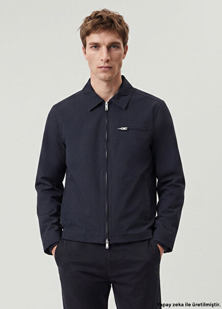 Navy Blue Rib Cuff Detailed Jacket