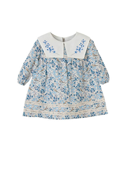 Bloomy Spring Mavi Desenli Uzun Kollu Motif İşlemeli Kız Çocuk Elbise