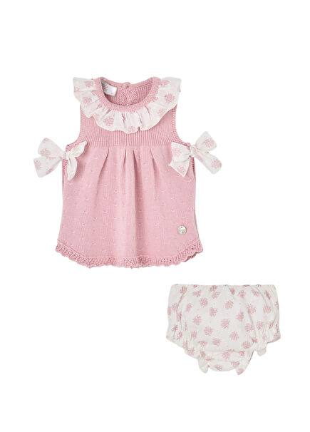Pembe Fiyonklu Fırfır Yaka Kolsuz Elbise ve Şort Kız Bebek 2'li Set