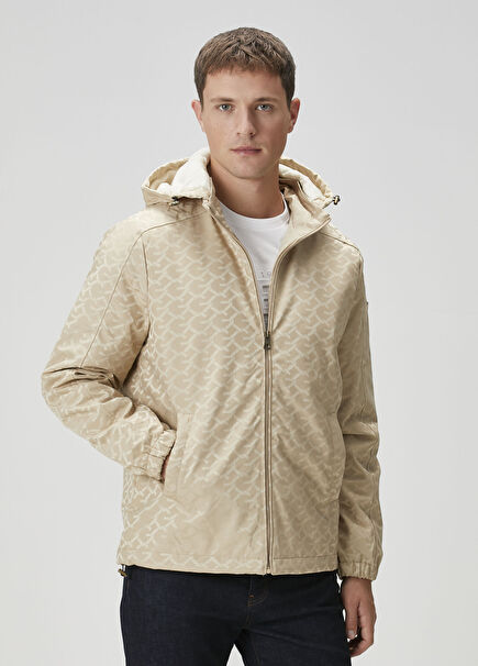 Beige Hooded Logo Patterned Raincoat