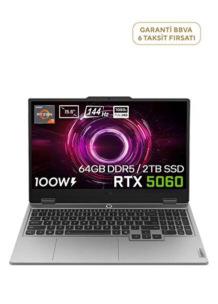 LOQ 15AHP10 AMD Ryzen 7 250 64GB DDR5 2TB SSD RTX 5060 8GB 100W 15.6" Full HD 144Hz IPS FreeDos Gaming Laptop 83JG008UTRv5