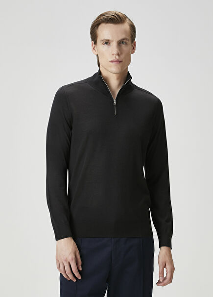Navy Blue Collar Zippered Wool Sweater