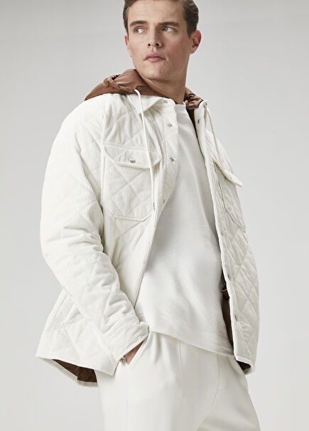 Off White Hooded Quilted Velvet Outer Shirt