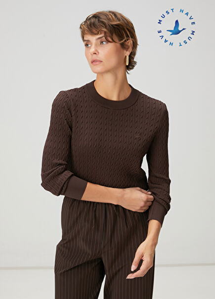 Kahverengi Saç Örgü Basic Kazak