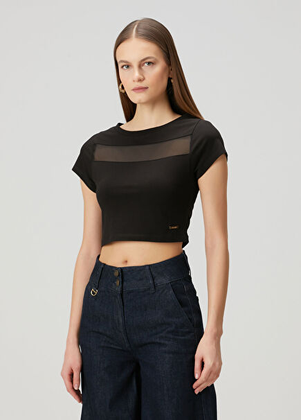 Black Transparent Detailed Crop T-Shirt