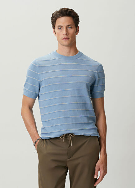 Blue Embossed Stripe Textured Short Sleeve Sweater