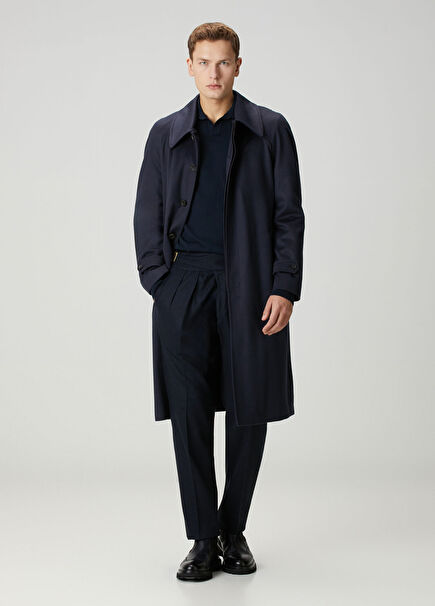 Lacivert Çift Pilili Yün Pantolon