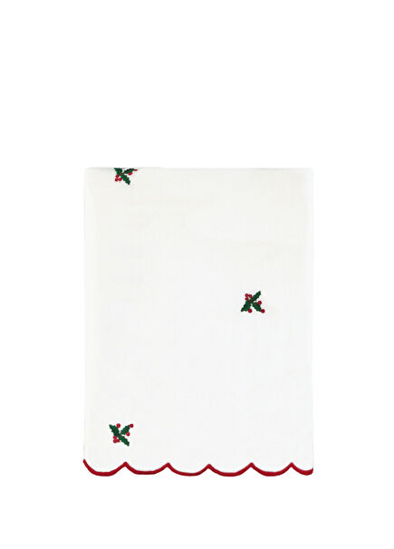 Christmas Holly Beyaz Keten Nakışlı Masa Örtüsü 150 x 250 cm