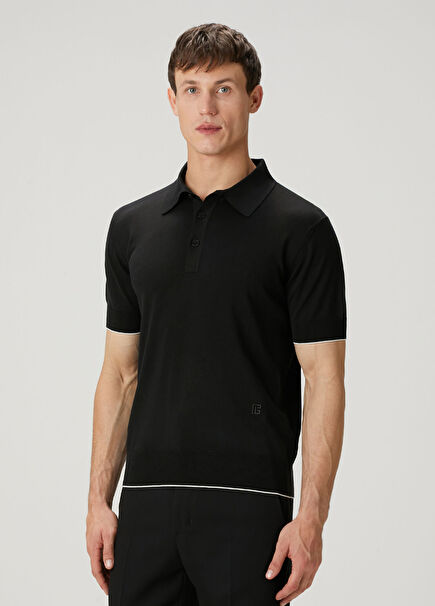 Siyah Polo Yaka Kısa Kollu İpek Triko