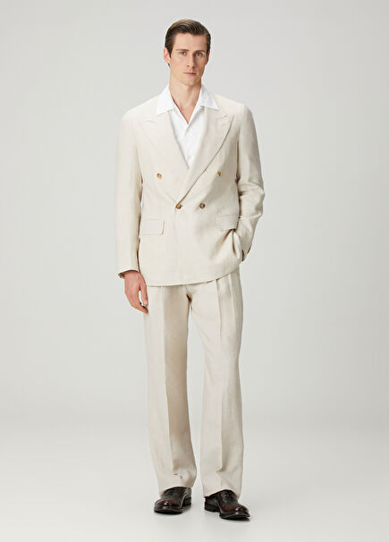 Kırık Beyaz Pilili Keten Pantolon