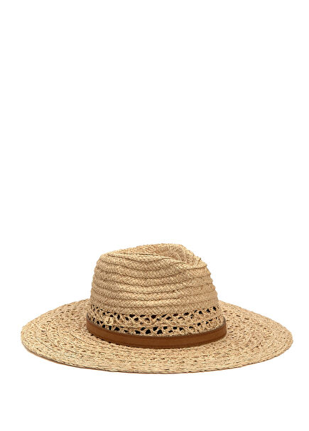 Bej Delikli Kalın Kemerli Kadın Hasır Şapka