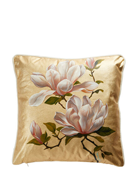 Golden Magnolia Desenli Keten Dekoratif Kırlent 45 x 45 cm