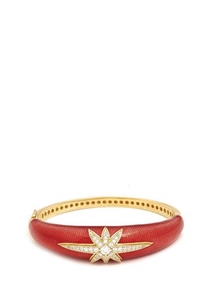 Zircon Studded Red Enameled Star 925 Sterling Silver Women's Bracelet
