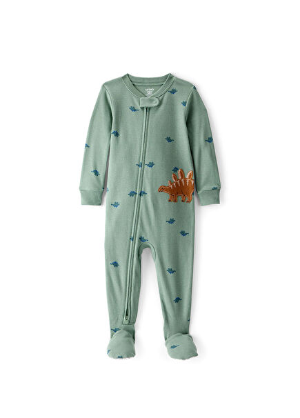 Dinazor Desenli Yeşil Pamuklu Uzun Kollu Erkek Bebek Uyku Tulumu