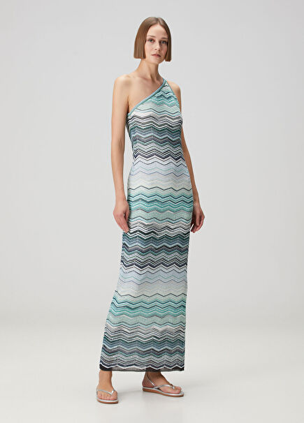 Turkuaz Tek Omuzlu Payetli Maksi Elbise