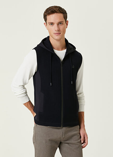 Navy Blue Hooded Wool Knit Vest