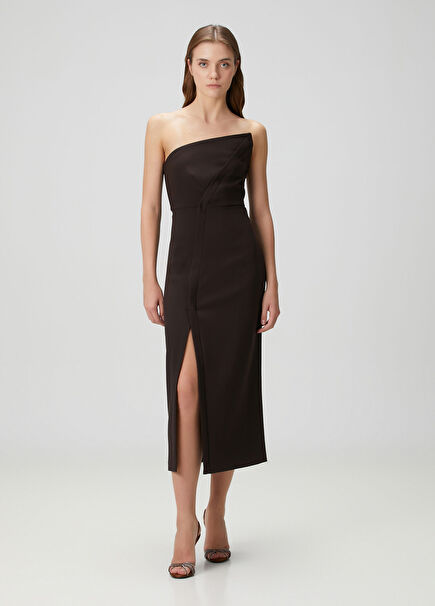 Kahverengi Straplez Midi Kokteyl Elbise