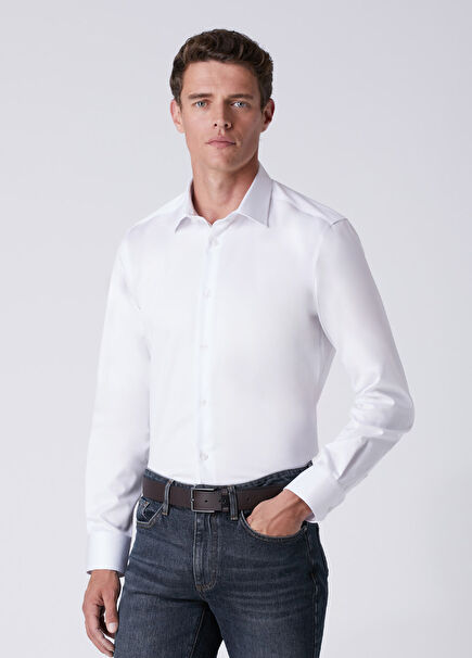 Slim Fit Beyaz Pamuk Saten Non-iron Gömlek