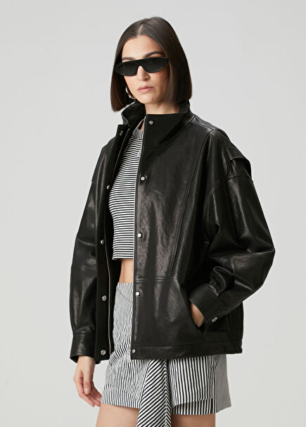 Siyah Deri Bomber Mont