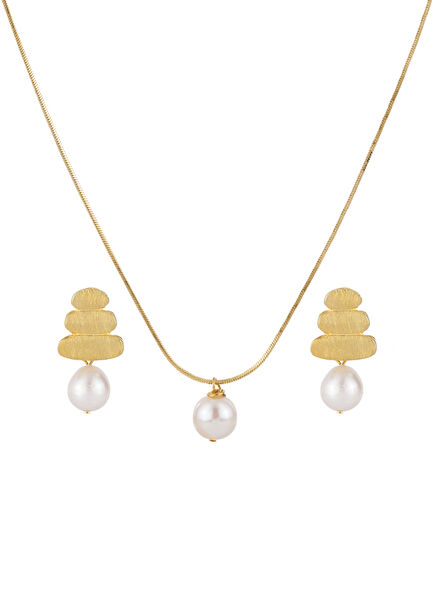 Aida Pearl Beaded Brass with Gold Plated Women's Necklace and Earring Set