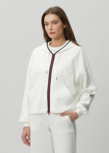 Beyaz Kapüşonlu Fermuarlı Sweatshirt