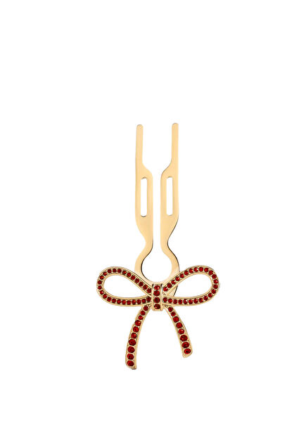 Franchimon Nº1 Hairpin Ribbon Siam Red Finish Yellow Gold Swarovski Taşlı Kurdeleli Kadın Saç Tokası
