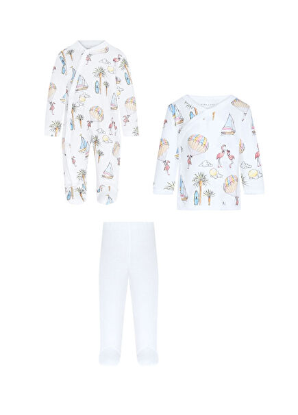 Desenli Hastane Çıkışı 3 Parça Yeni Doğan Bebek Seti