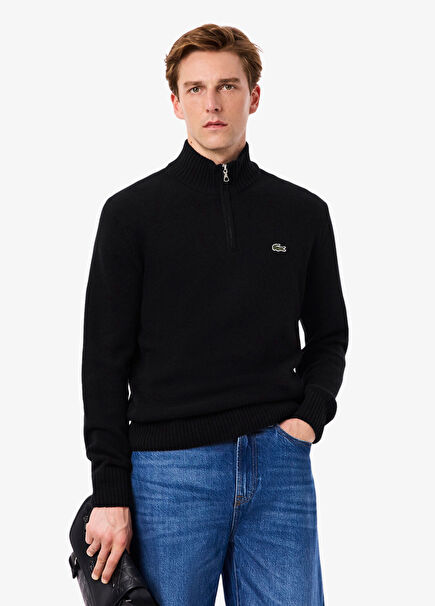 Siyah Yün Yarım Fermuarlı Classic Fit Erkek Kazak