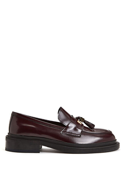 Bordo Püskül Detaylı Kadın Deri Loafer