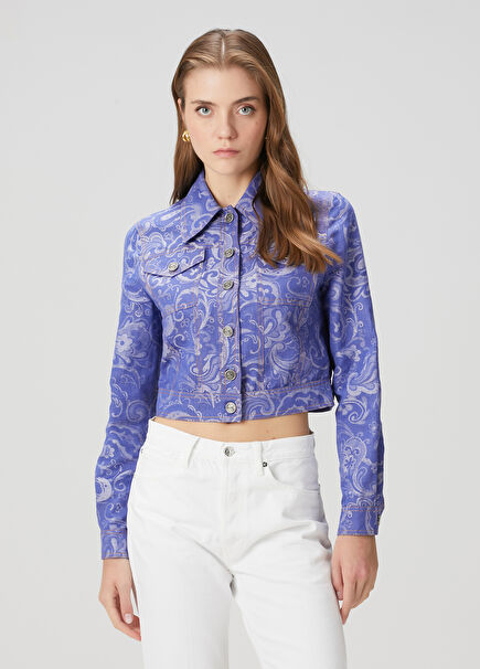 Mavi Şal Desenli Crop Ceket