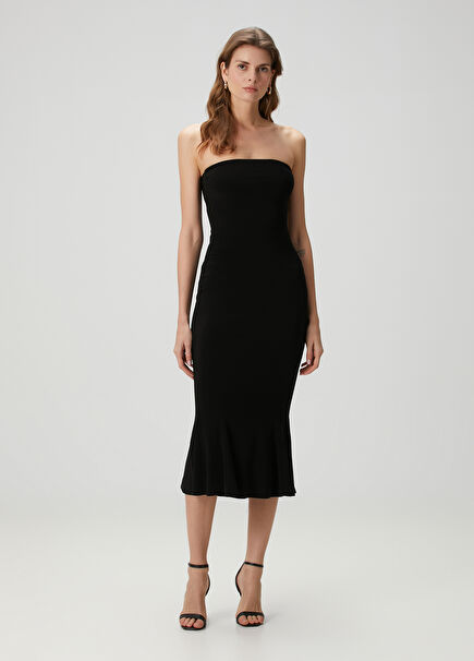 Black Strapless Midi Cocktail Dress