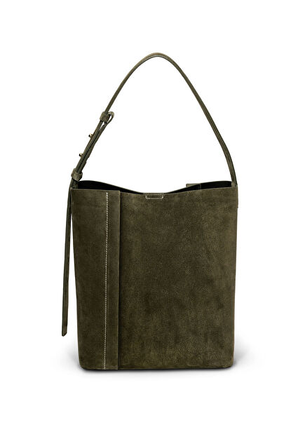 The Large Tote Plissé Khaki Suede Women's Shoulder Bag