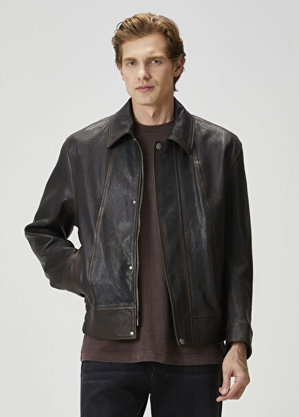 Regular Fit Leather Bomber Jacket