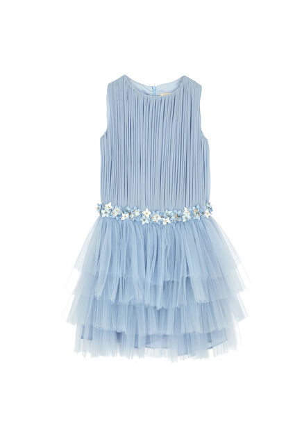 Miss Tina Belt Embroidered Blue Pleat Detailed Sleeveless Girls' Dress