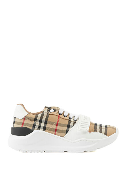 Beige Check Leather Women's Sneakers