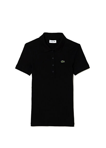L.12.D Siyah Pamuklu Polo Yaka Slim Fit Kısa Kollu Kadın T-shirt