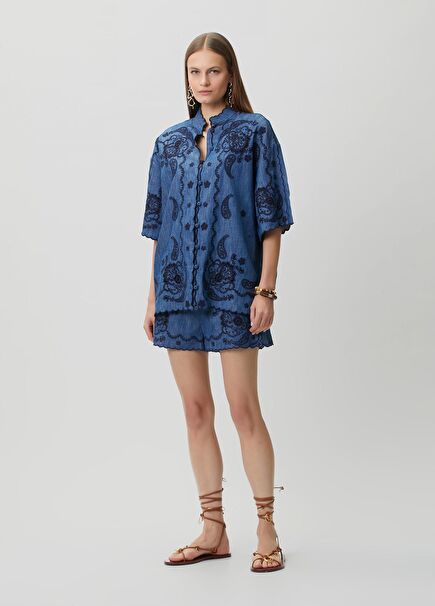 Aster Blue Embroidered Denim Shorts