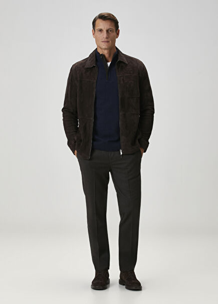 Lacivert Yakası Fermuarlı Yün Kazak