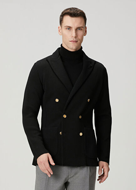 Siyah Jakarlı Kruvaze Yün Ceket