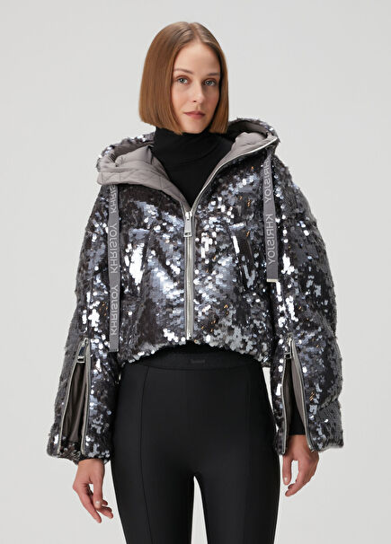 Iconic Milano Crop Silver Kapüşonlu Payetli Mont