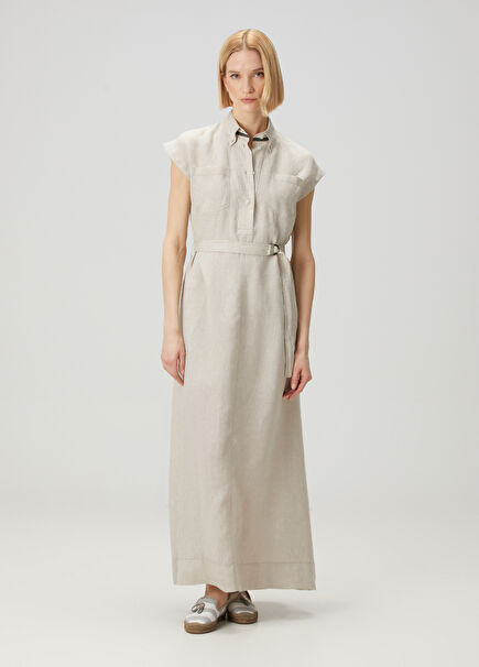 Taupe Maxi Linen Shirt Dress
