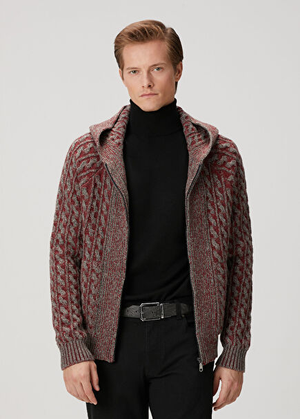 Burgundy Hooded Wool Knit Cardigan