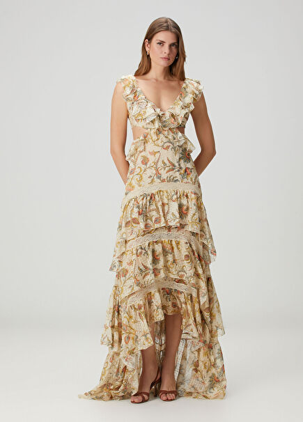 Beige Floral Maxi Evening Dress