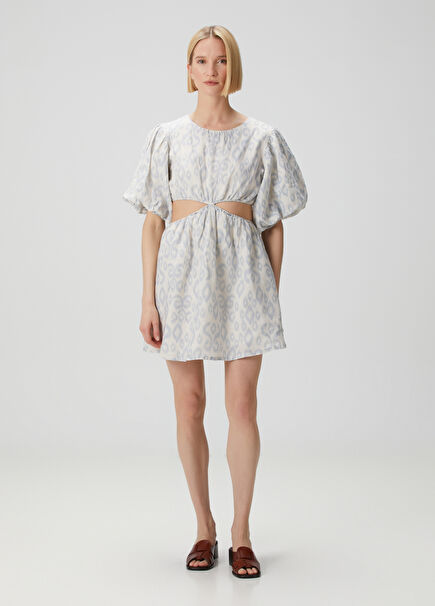 Blue Patterned Mini Linen Dress